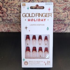 Goldfinger Holiday Nails Long Length Red Plaid Tips Glitter Rhinestones New